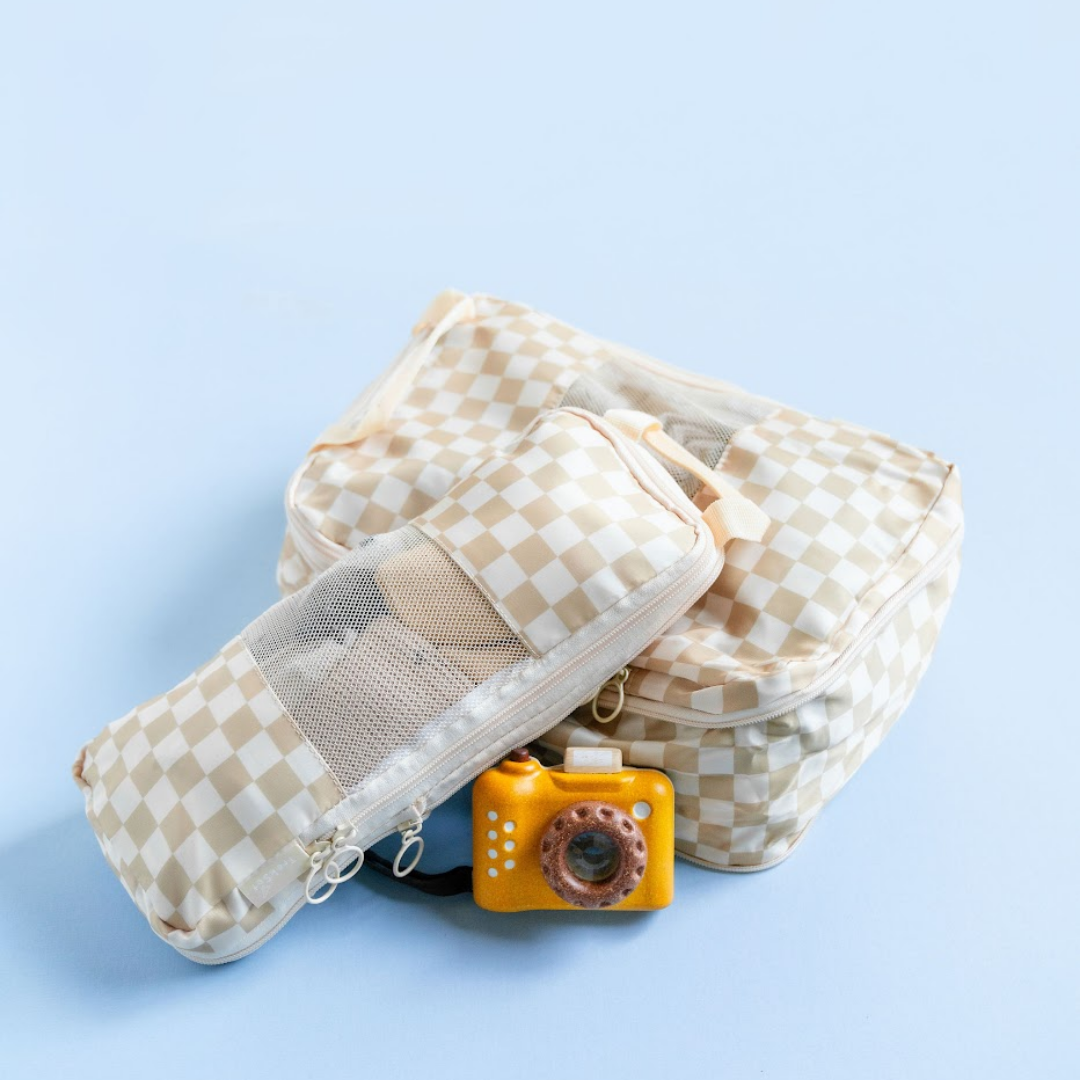 Eco-Friendly Compression Packing Cubes Set - Tan Checkerboard