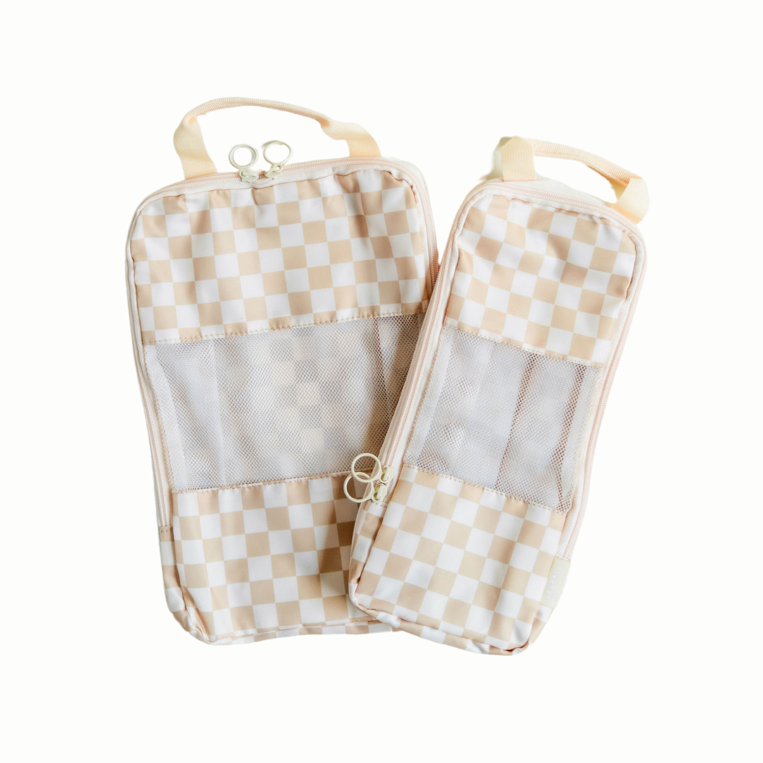 Eco-Friendly Compression Packing Cubes Set - Tan Checkerboard