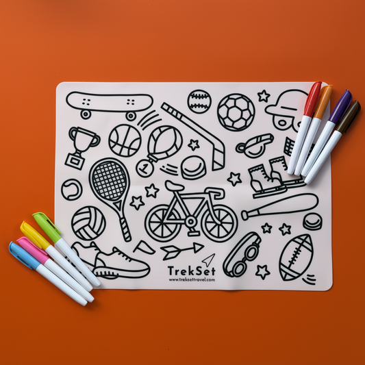 Coloring sheet with sports-themed illustrations and markers on an orange background